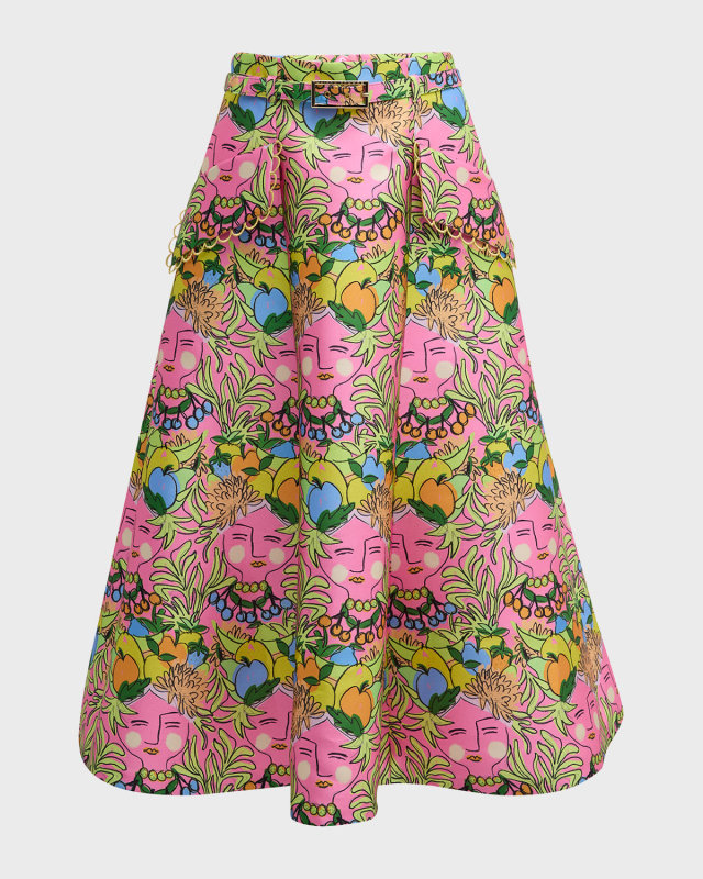 Face-Print Belted Midi A-Line Skirt